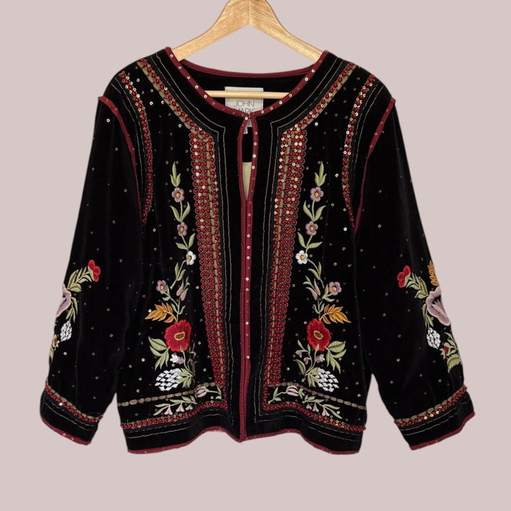 John Mark Embellished Floral Beaded Velvet Jacket Boho Festival Art to Wear XL - Picture 2 of 16